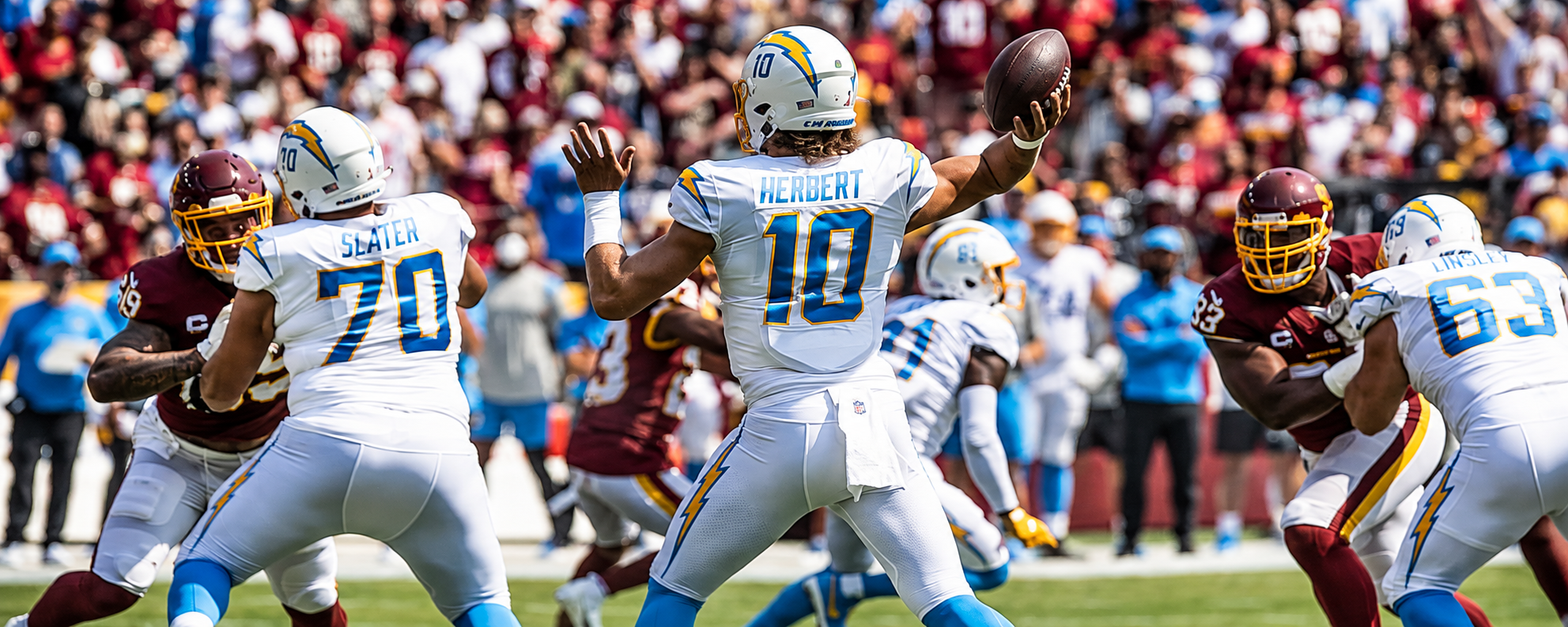 Justin Herbert attempting a pass for the Los Angeles Chargers